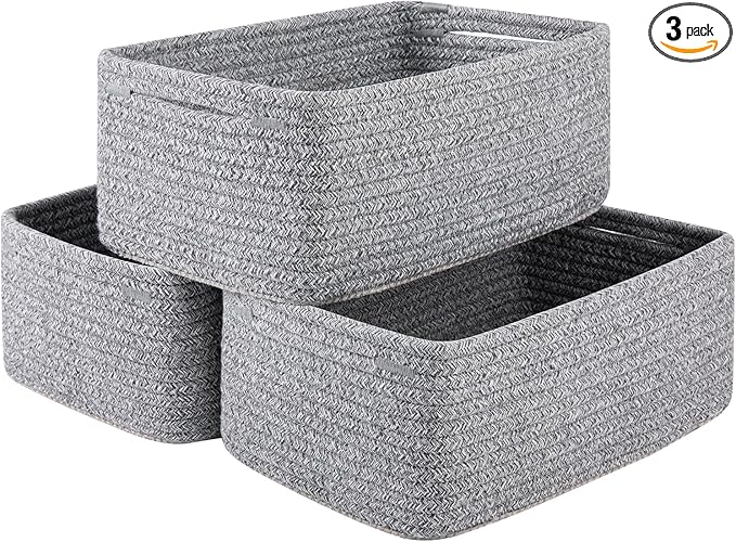3 Pack Small Storage Baskets for Organizing, Cute Woven Decorative Gift Baskets for Shelves, Mini Closet Organizer Bins with Handles, 11.81''Lx7.87''Wx4.72''H-Grey