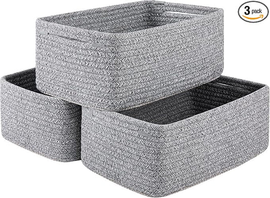 3 Pack Small Storage Baskets for Organizing, Cute Woven Decorative Gift Baskets for Shelves, Mini Closet Organizer Bins with Handles, 11.81''Lx7.87''Wx4.72''H-Grey