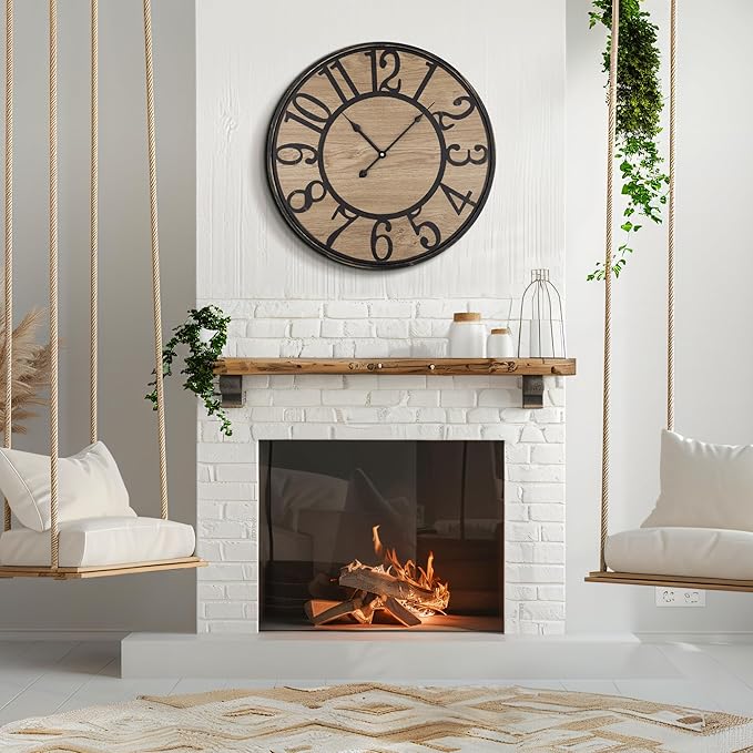 Large Wall Clock for Living Room Decor, Non Ticking Silent, Battery Operated Modern Vintage Wood Oversized Decorative Wall Clock for Bedroom Kitchen Farmhouse Office Decor