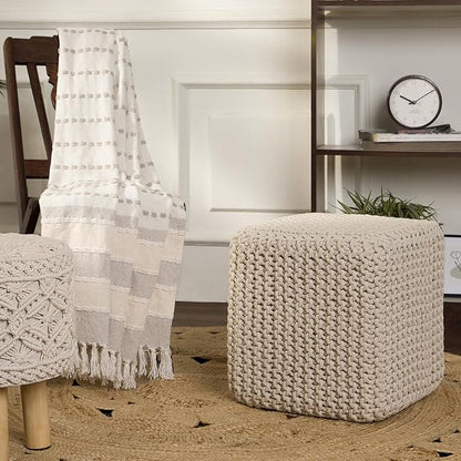 REDEARTH Square Pouf Ottoman Foot Stool - Hand Knitted Bean Bag - Cord Boho Pouffe - Accent Poof for Living Room - Nursery - Bedroom - Kids Bedroom - Patio - 100% Cotton (16" x 16" x 16") - Ivory