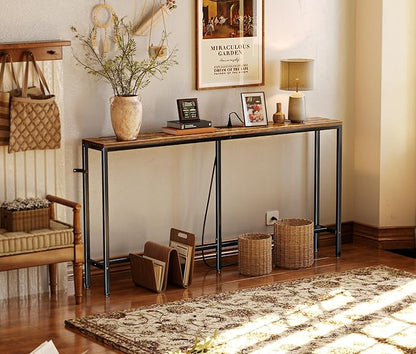 SUPERJARE Console Table with Outlet, 63 Inch Sofa Table with Charging Station, Narrow Entryway Table, Behind Couch Table, for Living Room, Plants - Rustic Brown