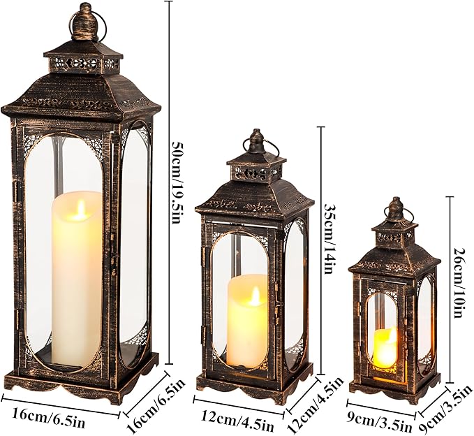 TRIROCKS Set of 3 Vintage Candle Lanterns 10/14/19.5''H Decorative Outdoor Lantern Metal Candle Holder with Tempered Glass for Home Living Room Garden Yard Event Indoor Outdoor (Black with Gold Brush)