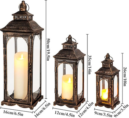 TRIROCKS Set of 3 Vintage Candle Lanterns 10/14/19.5''H Decorative Outdoor Lantern Metal Candle Holder with Tempered Glass for Home Living Room Garden Yard Event Indoor Outdoor (Black with Gold Brush)
