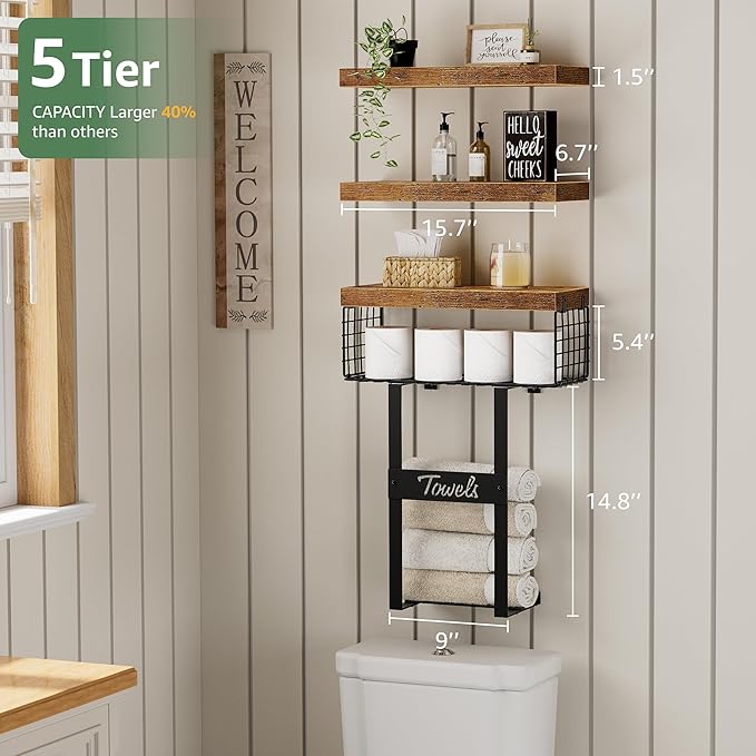 Bathroom Shelves Over Toilet - Floating Shelf for Wall Above Toilet Towels Holder Small Farmhouse Decor Shelves (15.7 inch, Set of 3, Rustic Brown)