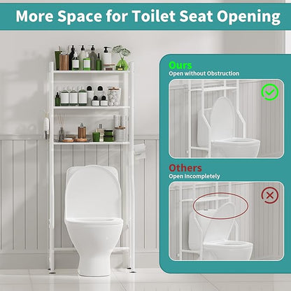 3-Tier Over The Toilet Storage with Paper Holder, Metal Bathroom Organizers and Storage for Small Space, Freestanding Bathroom Shelves with 4 Hooks, Above The Toilet Storage Shelf, White