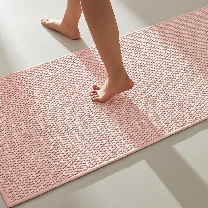 Bathroom Runner Rugs, Long Bath Mat Runner Washable Thin Quick Dry Low Pile Bathroom Runner Rugs Non Slip, Pink 16"x60"