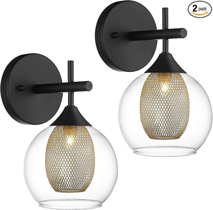 Black Wall Sconce Set of 2, Bathroom Vanity Light Fixture with Clear Glass and Honeycomb Metal Shade, Sconces Wall Lighting for Mirror Bedroom Hallway, AD-22001-1W2-BK