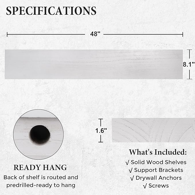 Axeman Floating Shelves, 8 Inch Deep Rustic Solid Wood Wall Shelves for Storage, Wall Mounted Display Shelving with Invisible Heavy-Duty Metal Bracket, 48" W x 8" D x 1.6" H, Distressed White