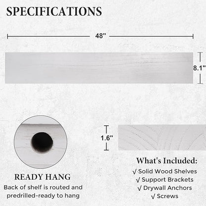 Axeman Floating Shelves, 8 Inch Deep Rustic Solid Wood Wall Shelves for Storage, Wall Mounted Display Shelving with Invisible Heavy-Duty Metal Bracket, 48" W x 8" D x 1.6" H, Distressed White