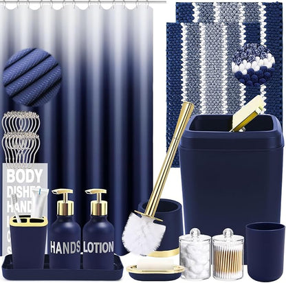 25PCS Navy Blue Bathroom Accessories Sets Complete, with Shower Curtain, Rugs, Trash Can and Toilet Brush, Soap Dispenser, Toothbrush Holder and Cup, Soap Dish, Qtip Holder, Bathroom Decor Sets