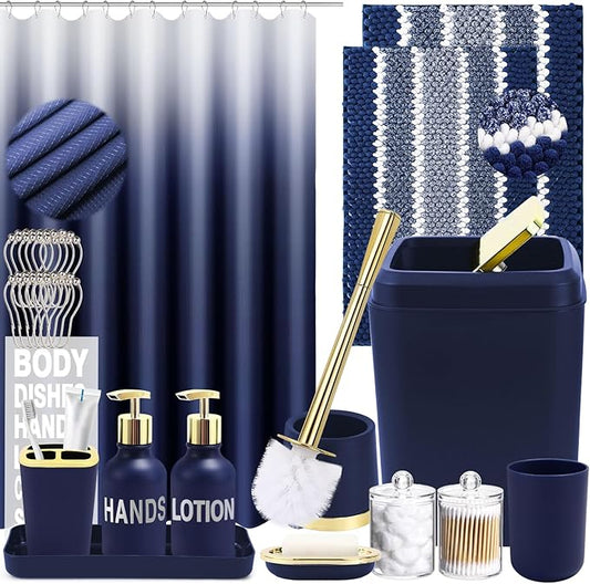 25PCS Navy Blue Bathroom Accessories Sets Complete, with Shower Curtain, Rugs, Trash Can and Toilet Brush, Soap Dispenser, Toothbrush Holder and Cup, Soap Dish, Qtip Holder, Bathroom Decor Sets
