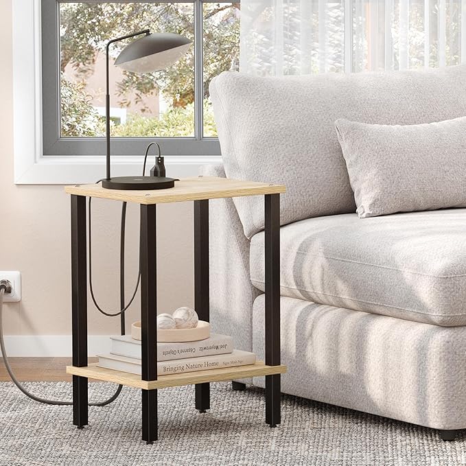 TUTOTAK End Table with Charging Station, Small Side Table with Outlets, Nightstand Bedside Table, 2-Tier Storage Shelf for Small Space, Living Room, Bedroom, Oak TB01BO040