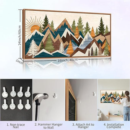 Tinonedraw Large Metal Mountain Framed Canvas Wall Art, Boho Rustic Sunrise Forest Wall Decor, 3 Piece Vintage Nature Artwork, Modern Wilderness Art Print for Living Room Bedroom Office 20"x40"