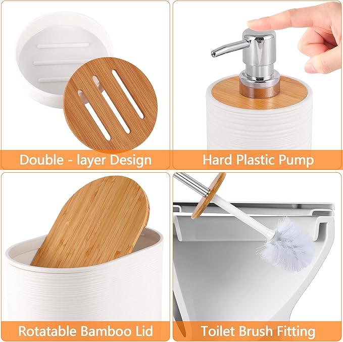 Bathroom Accessory Set,10 PCS White Bathroom Accessories Set with Trash Can, Toothbrush Holder, Soap Dispenser, Toothbrush Cup, Vanity Tray, Soap Dish, Toilet Brush, Qtip Holders