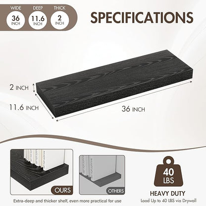 36 Inch Floating Shelves, 12" Deep Floating Shelf Wall Mounted, 36" Wall Shelves, Rustic Deep Bookshelf, Extra Deeper & Thicker Display Shelves for Bedroom, Living Room, Black, Set of 2