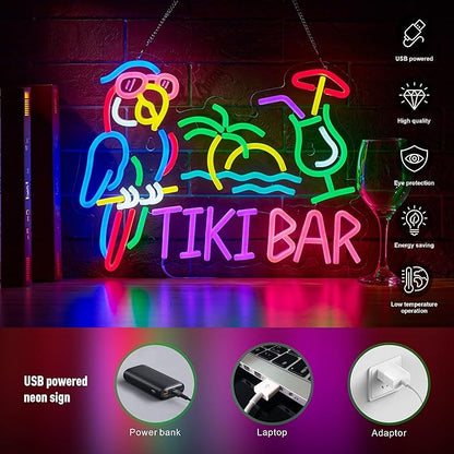 Tiki Bar Parrot Palm Tree Neon Sign for Wall Decor Hawaii Beach Bar LED Light up Signs with Dimmer for Pub Party Man Cave Room Art Decor Gift