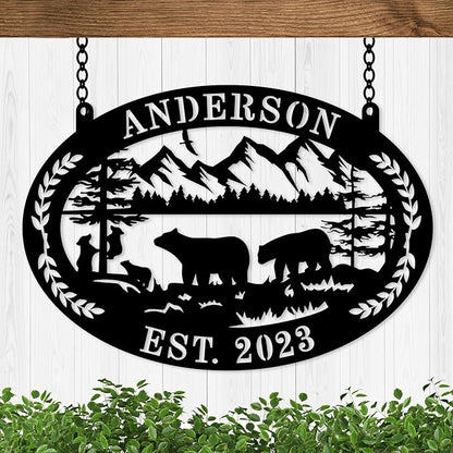 Custom Farmhouse Farm Sign, Custom Bear Monogram Name Sign, Ranch Sign, Outdoor Family Name Sign, Personalized Family Name Bear Metal Wall Sign, Personalized Rustic Name Sign