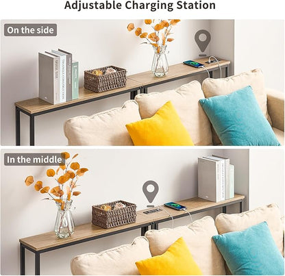 ELYKEN 2 Pack 5.9" Narrow Console Sofa Table with Power Outlets, 5.9" Dx39.4 Wx31.1 H Long Couch Table with Metal Frame and Charge Station with 6.5’ Extension Cord, White Oak