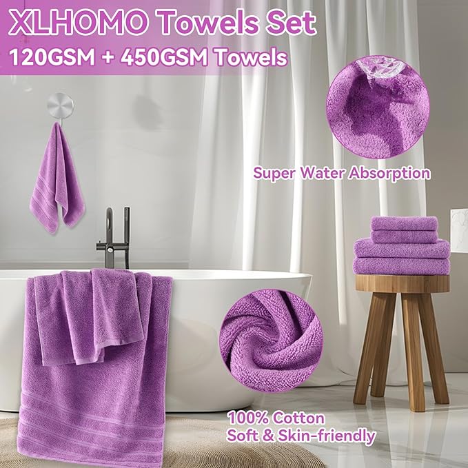 Purple Bathroom Accessories, 24 Pieces Purple and Gold Bathroom Accessories Set with Shower Curtain, Bath Towels, Trash Can, Soap Dispenser and Soap Dish for Bathroom/Housewarming