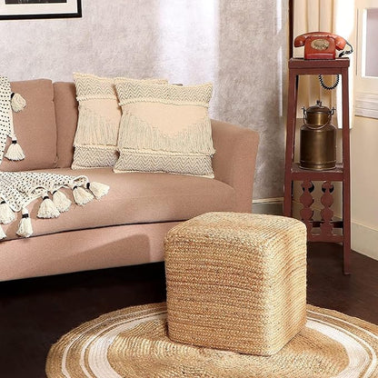 REDEARTH · Cube Pouf Foot Stool Ottoman - Jute Braided Pouffe Poof Accent Sitting - Set of 2 Footrest for The Living Room, Bedroom, Nursery, Patio, Lounge, Office - 14.5”x14.5”x16” - Natural