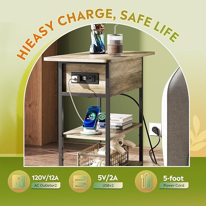 WLIVE End Table with Charging Station, Flip Top Side Table with Storage Shelf, Sofa Couch Table with USB Ports and Outlets, Narrow Bedside Table for Living Room, Bedroom Nightstand, Greige