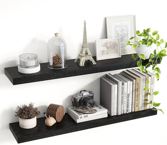 36 Inch Floating Shelves, 8 Inch Deep Floating Shelves for Wall, Hanging Shelf with Invisible Brackets, Deep Shelves for Bathroom, Bedroom, Living Room, Black, Set of 2