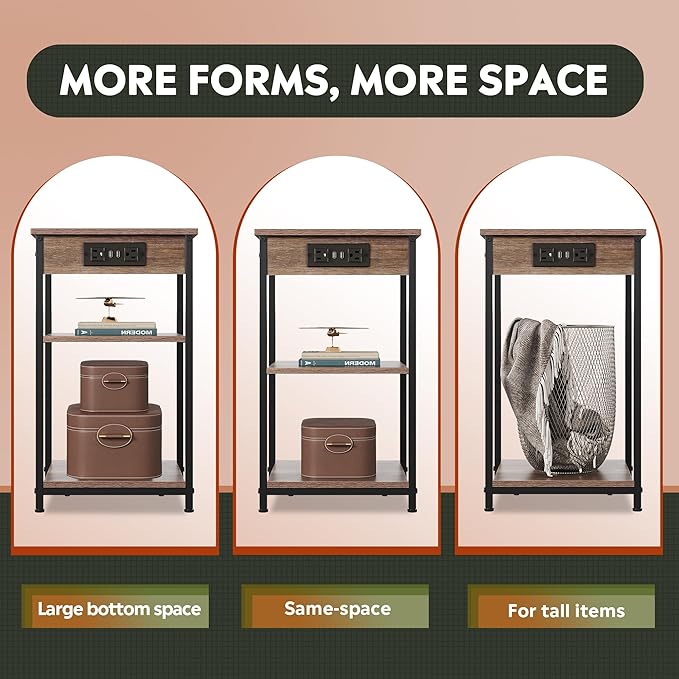 WLIVE Side Table with Charging Station and USB Ports, Small End Tables for Small Spaces, 3-Tier Nightstand with Adjustable Shelf, Bedside Tables, Living Room, Bedroom, Brown