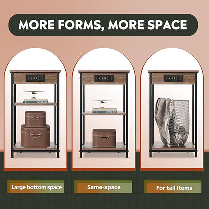 WLIVE Side Table with Charging Station and USB Ports, Small End Tables for Small Spaces, 3-Tier Nightstand with Adjustable Shelf, Bedside Tables, Living Room, Bedroom, Brown