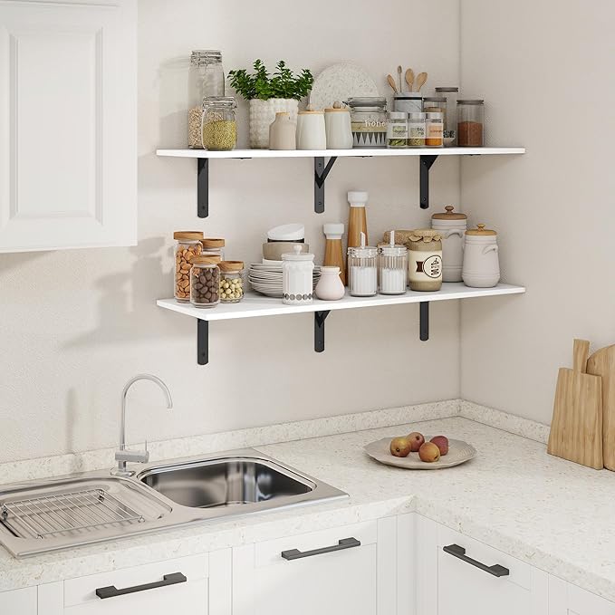 White Floating Shelves 40"W x 12"D, Deep Wall Shelves with Brackets for Books, Plant, 12 Inch Deep Bathroom Shelf Set of 2, Large Floating Shelf for Living Room, Bedroom, Kitchen, Set of 2