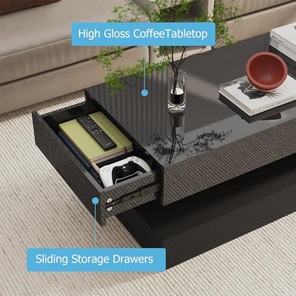 Uspeedy 47.3IN High Glossy LED Coffee Table,Modern Coffee Tables for Living Room,Living Rooms Tables,Large Living Room Furniture,APP LED Lights,Black/White Coffee Table for Livings Room (Black)