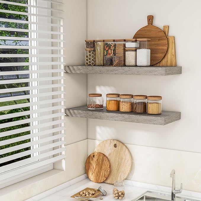 RICHFOCUS 36Inch Floating Shelves for Wall 2 Pack Shelves for Bedroom|Kitchen|Bathroom Wall Mounted Rustic Wood Floating Shelf with Invisible Brackets for Books|Storage|Decor, Grey