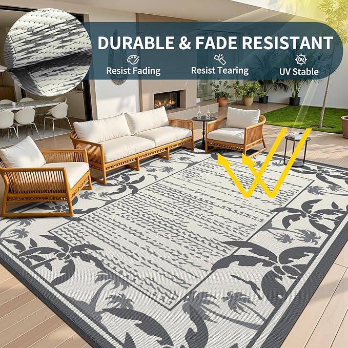 COCOER Outdoor-Rug 8x10 ft Waterproof Reversible Outdoor Plastic Straw Rug RV Indoor Outdoor Carpet Quick Dry Patio Rug Camping Mat for Balcony Backyard Picnic Beach-Grey&Beige