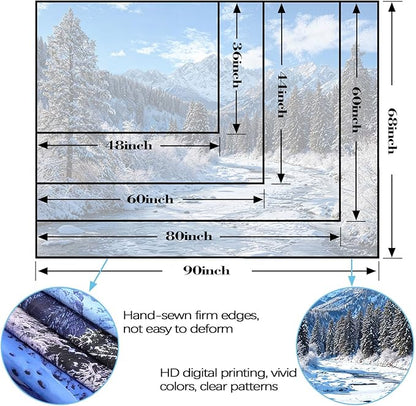 AMM Winter Forest Snow Mountain Tapestry Snowy Pine Tree Woodland Tapestry for Bedroom Aesthetic White Clouds Flowing River Landscape Tapestries Wall Hanging for Living Room Dorm Office 60 x 44 Inch