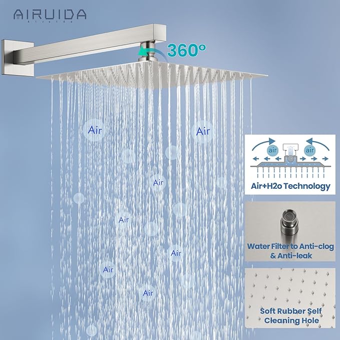 Airuida Shower Faucet Set Bathroom Rain Shower System SUS304 Stainless Steel Single Handle With Male Threads Rough-in Valve Shower Trim Kit 10 Inch Wall Mount Shower Head Brushed Nickel