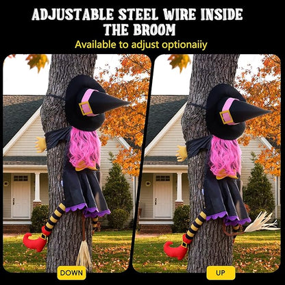 POPGIFTU 51" Halloween Crashing Witch Decoration – Pink Flying Witch for Tree, Yard, Porch, and Indoor Outdoor Halloween Décor
