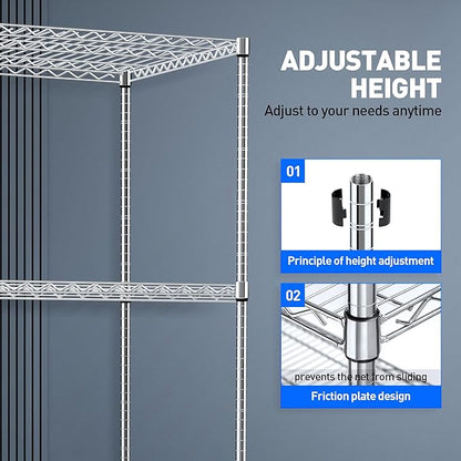 Rengue Wire Shelving with Wheels, 60"x 24"x72" Metal Storage Shelves, 4-Tier Heavy Duty Garage Storage Shelves, Chrome 2400LBS Capacity Wire Shelf Rack for Restaurant, Garage, Pantry, Kitchen