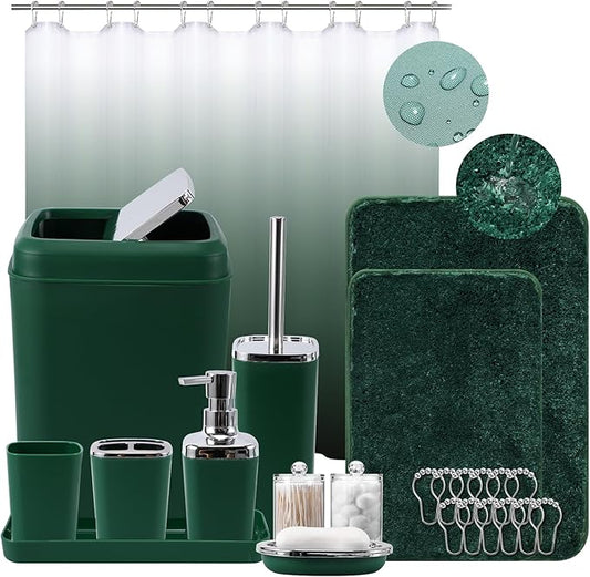 Dark Green Bathroom Accessories Set with Shower Curtain and No-Slip Bath Rugs,24PC Bath Sets with Trash Can, Toothbrush Holder, Cup, Soap Dispenser, Tray, Soap Dish, Toilet Brush, Qtip Holders