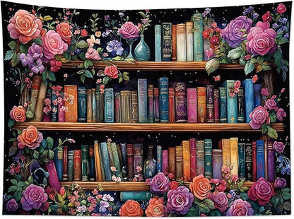HVEST Bookshelf Tapestry Wall Hanging Pink Floral Green Leaf Watercolor Plant Botanical Aesthetic Tapestry Vintage Library Book Tapestries for Bedroom Living Room Dorm, 51L x 59W Inches