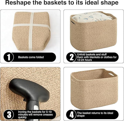 Storage Baskets for Organizing & Shelves, Woven Cotton Rope Organization Bins for Dog Toys, Clothes, Books, Nursery Organizer, 15" Lx11''Wx9.5''H, (4 Packs) Brown