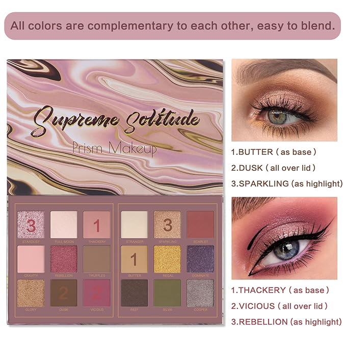 Prism Makeup Matte Eyeshadow Palette Pro 18 Colors Pigmented Shimmer Glitter Eye Shadow Palette, Blendable Long Lasting Waterproof Makeup Cosmetics Halloween Makeup Kit (02# Solitude)