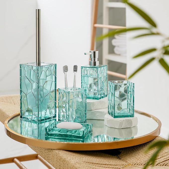 Clear Acrylic Bathroom Accessories Set - Rust-Free, Transparent Design - Includes Soap Dispenser, Toothbrush Holder, Cup, Soap Dish, and Toilet Brush 5-Piece (Teal Blue)