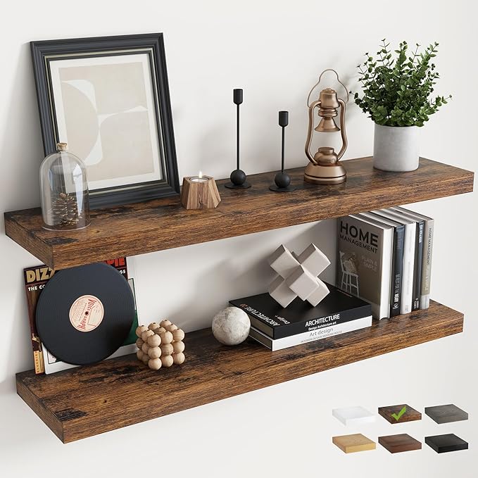 40 Inch Floating Shelves for Wall Set of 2, 8"D Wood Grain Bathroom Shelves with Invisible Brackets, Easy Install Engineered Wood Storage Shelves for Kitchen, Living Room, Bedroom, Rustic Brown Finish