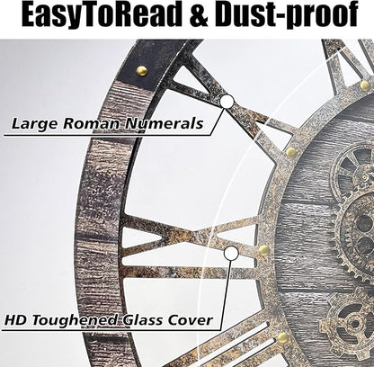 DORBOKER 40" Original Moving Gears Wall Clock, Large Industrial Wall Clock for Living Room Decor,Oversized Wood Vintage Farmhouse Steampunk Rustic Clocks for Wall Decor,Carbon Gray
