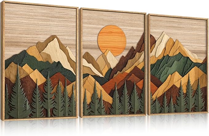 Celestdeco Woodcut Style Mountain Framed Canvas Wall Art Set, Large Brown Ridge Wall Decor, Boho Pine Tree Wall Painting, Abstract Wooden Art Print for Living Room, Bedroom, Office - 24"X36"X3(Not-3D Effect)