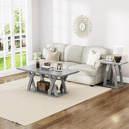 47” Wood Coffee Tables for Living Room Rustic Stands with Storage Shelf Grey Coffee Tables for Living Room Farmhouse Center Stands with Shelf Farmhouse Rectangle Center Table
