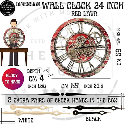 The Gears Clock The Original Real Moving Gear Wall Clock Vintage Industrial Oversized Rustic Farmhouse (24 inch (60cm),Red Lava)