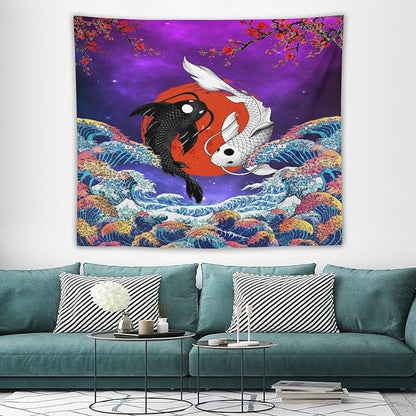 Houselerax Japanese Koi Fish Tapestry, Yin Yang Big Wave Cherry Blossom Tapestries Wall Hanging for Bedroom Living Room Office Decor 60"x50"