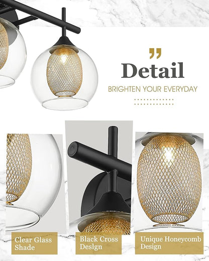 Black and Gold Bathroom Light Fixture, Farmhouse Wall Sconce Lighting with Clear Glass and Honeycomb Metal Shade, 2-Light Black Brass Vanity Light Over Mirror, AD-22001-2W-BK