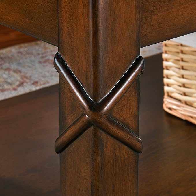 Solid Wood Coffee Table with Storage Shelf, Mid-Century Living Room Tables with Carved Tabletop and Leg, 43.3” Splicing Cocktail Center Sofa Table, Cherry Brown KFZ-DR200