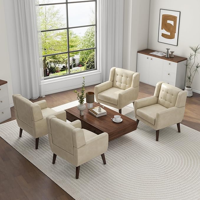 UIXE Faux Leather Accent Chairs Set of 4, Modern Arm Club Chair Upholstered Armchair for Living Room, Comfy Single Sofa Seats Button Tufted Reading Seating, Cream